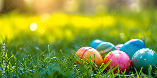 Colorful Easter eggs hidden in the grass