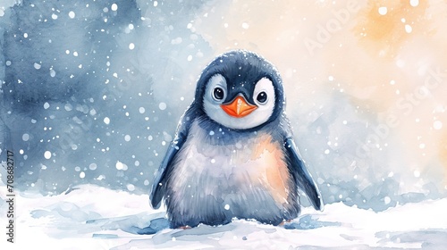 Minimalism and abstract cartoon cute charming penguin happy. Boho style  vintage watercolor winter s tale. 