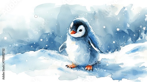 Minimalism and abstract cartoon cute charming penguin happy. Boho style, vintage watercolor winter's tale.  © Merilno