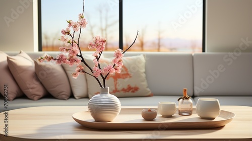 Elegant living room interior with vase of cherry blossoms