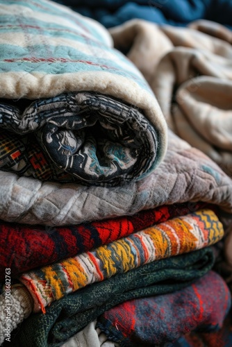 A pile of blankets sitting on top of a bed. Can be used for home decor or cozy bedroom scenes
