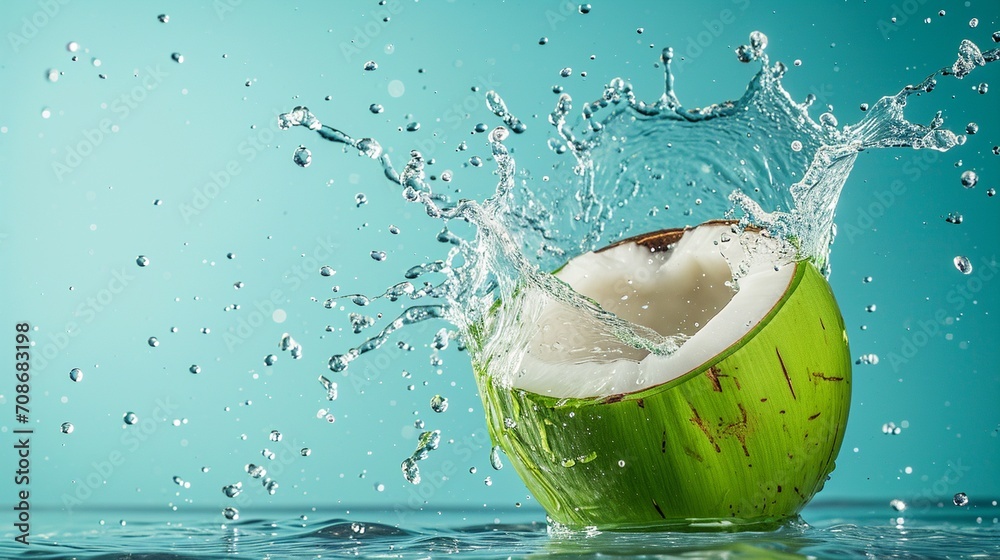 Coconut water splashing out of a fresh green coconut isolated on a pastel summer blue background with copy space. - obrazy, fototapety, plakaty 