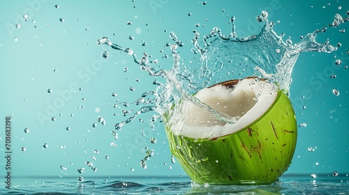 Coconut water splashing out of a fresh green coconut isolated on a pastel summer blue background with copy space. photo