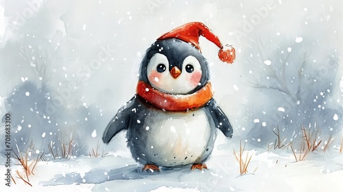 Minimalism and abstract cartoon cute charming penguin happy. Boho style, vintage watercolor winter's tale.  © Merilno