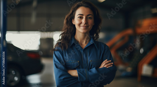 Beautiful smiling girl auto mechanic in uniform posing in a car service center. Copy space