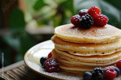 A stack of pancakes topped with fresh berries and a sprinkle of powdered sugar. Perfect for a delicious breakfast or brunch.