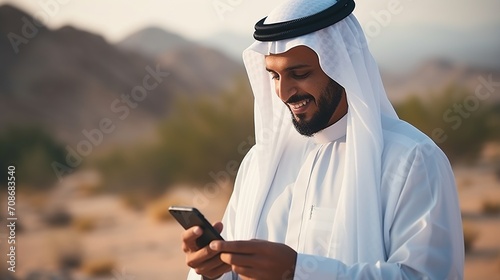 Smiling middle eastern man using smartphone in desert photo
