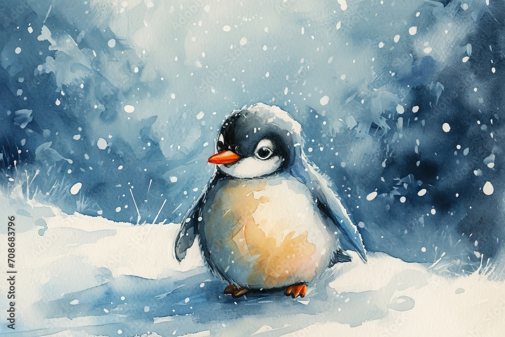 Fototapeta premium Minimalism and abstract cartoon cute charming penguin happy. Boho style, vintage watercolor winter's tale. 