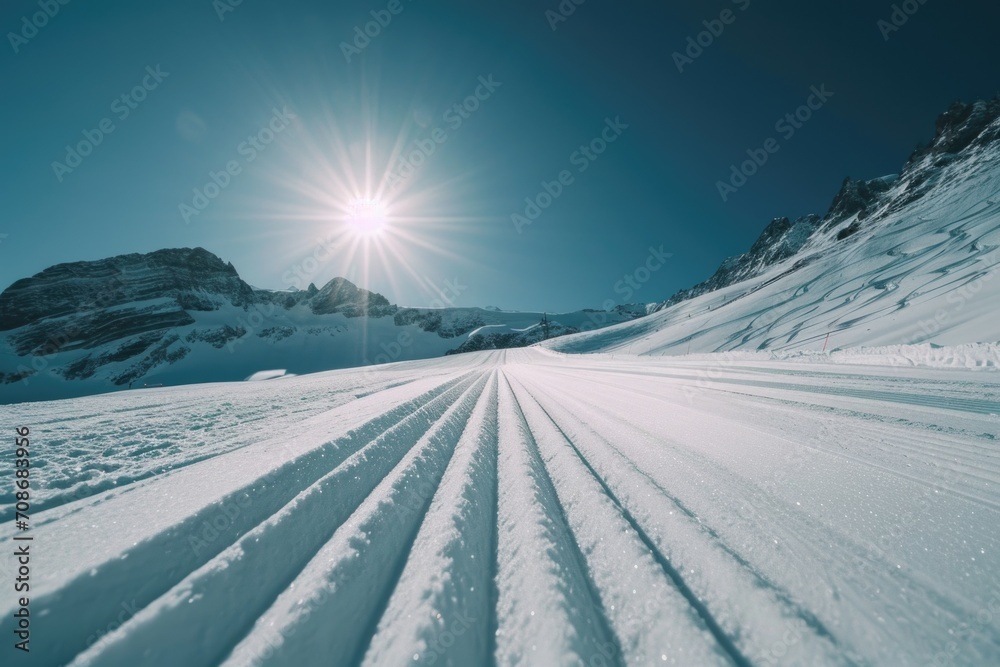 The sun is shining over a snowy mountain. Perfect for winter landscapes and nature photography