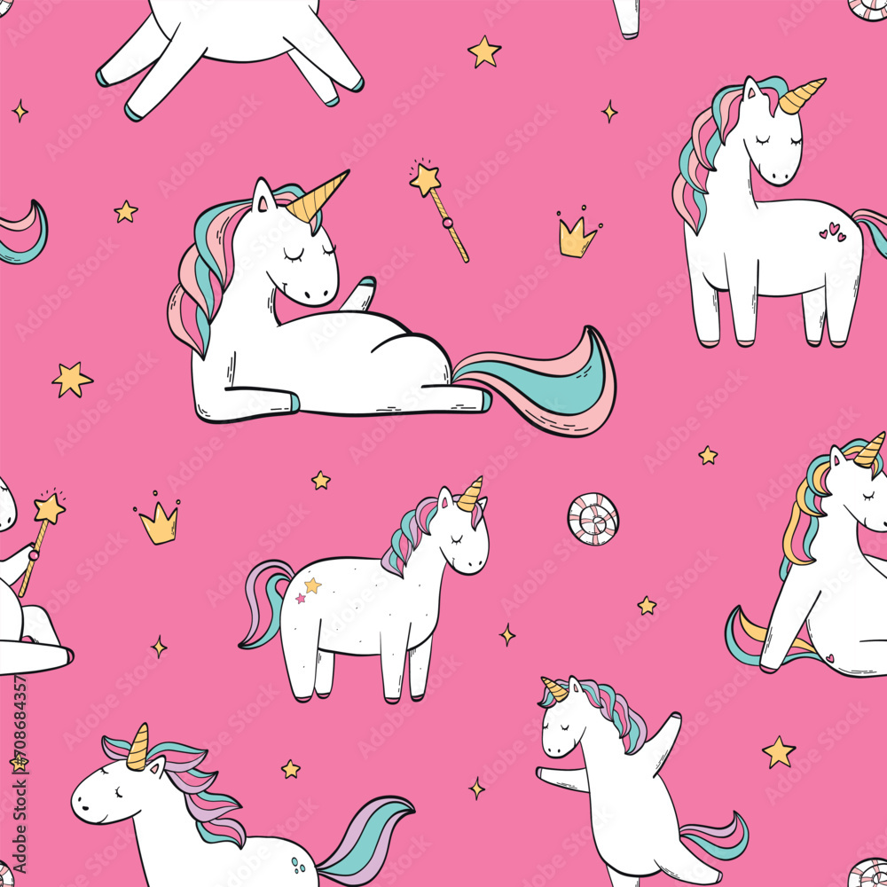 Fototapeta premium Unicorns seamless pattern. Repeat surface print with cute unicorns on pink background for kids wallpaper, wrapping paper, textile prints, stationary, scrapbooking, etc. EPS 10