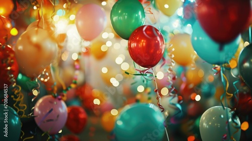 A room filled with lots of balloons and confetti. Perfect for festive celebrations and parties