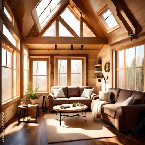 Warm and inviting living room in a timber frame tiny house, bathed in soft sunlight © Sana