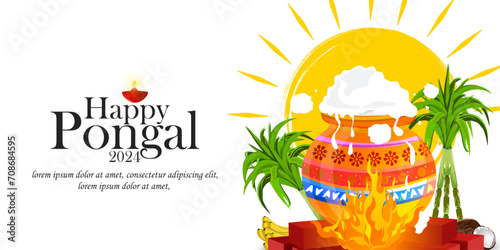 Happy Pongal banner design template with traditional indian food. Vector illustration.