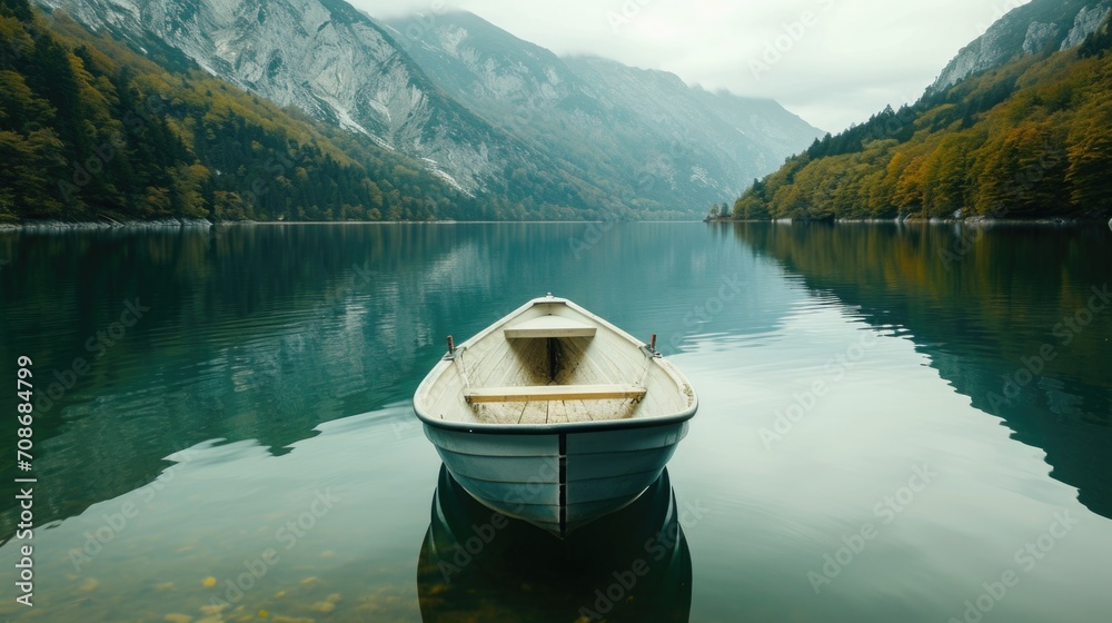 A small boat peacefully floating on top of a serene lake. Suitable for nature and outdoor-themed designs