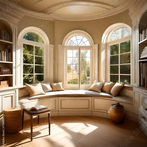 Rounded window seat bathed in sunlight, creating a serene reading spot © Sana