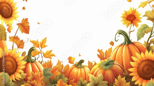 A group of pumpkins and sunflowers in a field. Perfect for autumn-themed designs and decorations