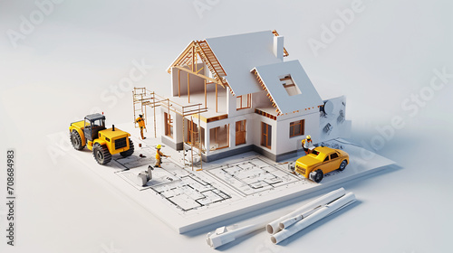 3D individuals are actively engaged in building a house according to a detailed blueprint on a white sheet construction process