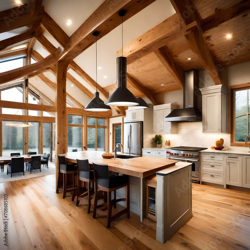 Seamless transition from kitchen to living area in a timber frame interior