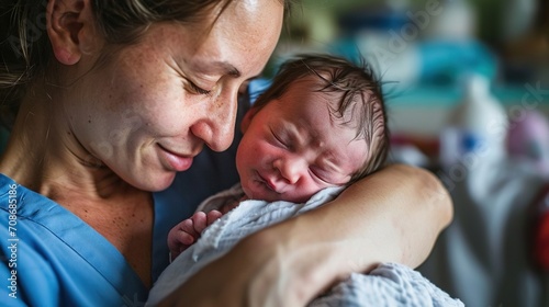 A nurse cradles a newborn baby, showing sincere emotions. Created with Generative Ai technology.