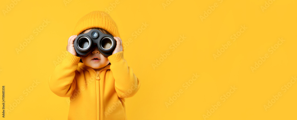 A cheerful baby looks through binoculars on a yellow background. Banner, copyspace