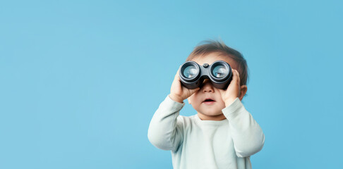 A cheerful baby looks through binoculars on a blue background. Banner, copyspace
