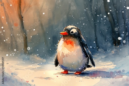 Minimalism and abstract cartoon cute charming penguin happy. Boho style  vintage watercolor winter s tale. 