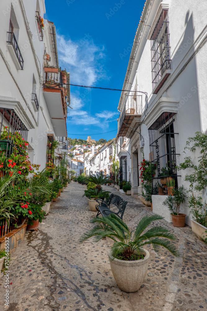 Whitewashed houses on a traditional street decorated with flower pots in the pretty village of Jimena de la Frontera, in the province of Cadiz, Andalusia, Spain