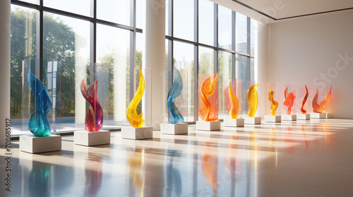 colorful glass statues arranged in a row against the  of a window