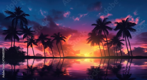 Tropical sunset or sunrise with silhouettes of palm trees 