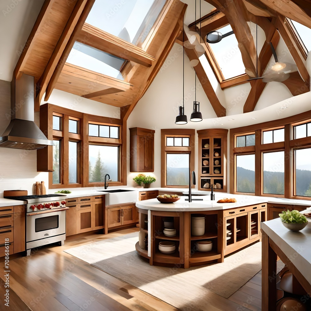 Fototapeta premium Well-lit kitchen corner with timber frame accents and round windows