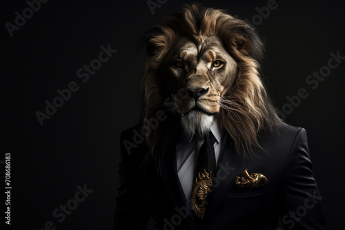 Elegantly dressed person with lion head on a solid dark background