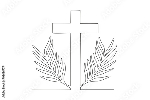 Two Sunday palm leaves and a cross sign