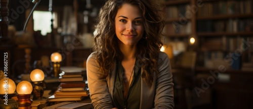 Wallpaper Mural Trendy female student sitting among bookshelves in an old university library, deeply engrossed in studying. Torontodigital.ca