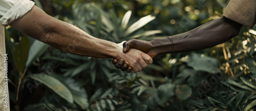 Two hands in a firm handshake amid lush greenery, symbolizing unity and partnership