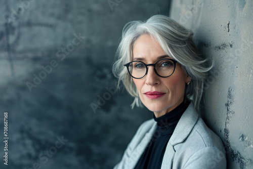 Elegant silver-haired woman with glasses poses thoughtfully, her wisdom and grace palpable