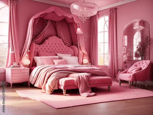 Cosy pink bedroom with pink velvet fabric bed decorated by blanket, pillows and lamp design.