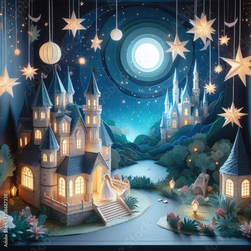 Paper diorama of a fairy tale castle and town under a starry night sky.