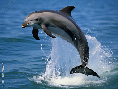 Two energetic dolphins joyfully leap out of the waves  showcasing their synchronized acrobatic abilities.