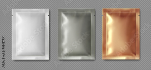 Blank sachet packaging for food, cosmetic.. White, silver, gold package for medical wipe mockup. Vector illustration realistic