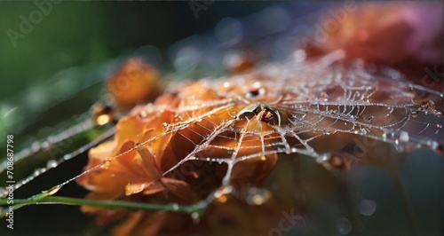 Focus your artistic vision on the delicate intricacies of a spider's web adorned with glistening dewdrops. Highlight the fine threads and the way they capture and refract the light  - Generative AI