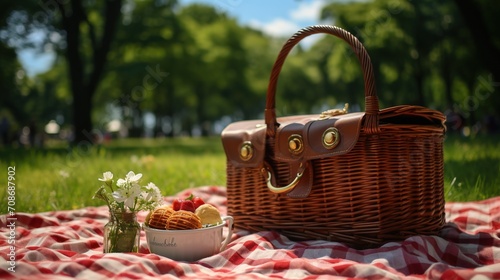 Picnic in the park with a wicker basket full of food and a red checkered tablecloth