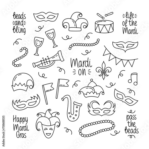 Mardi Gras Doodle Set with Hand Lettering. Editable Stroke Festive Design Elements Collection. Carnaval Outline Harlequin Hat, Beads, Carnival Masque, Flags, Drum. photo