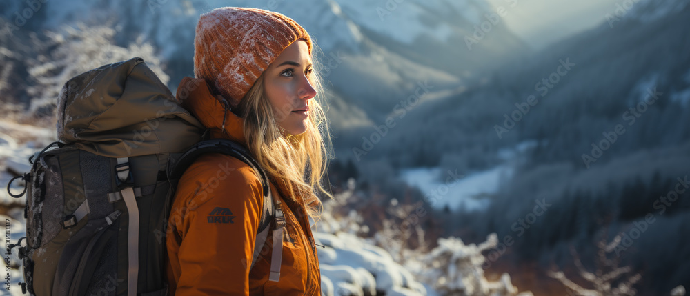 Photo of a determined female mountaineer trekking through snowy wilderness, embodying the spirit of adventure and freedom.