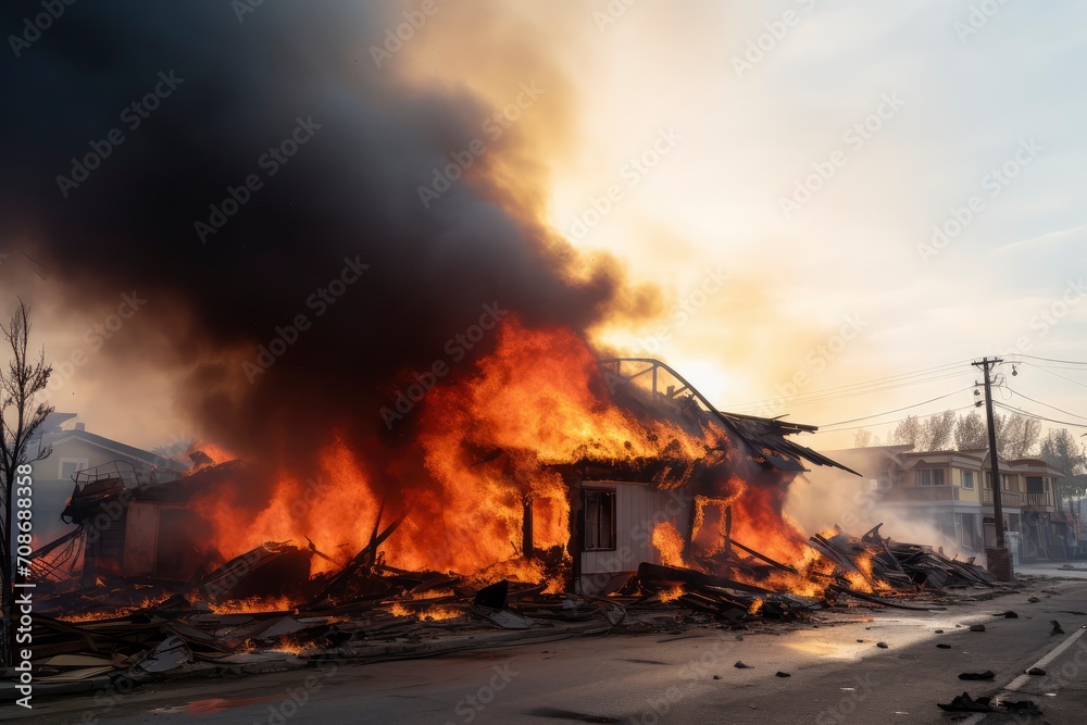 A dramatic house fire rages with intense flames engulfing the structure, black smoke rising against a clear sky, a scene of destruction and urgency