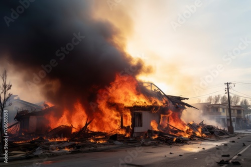 A dramatic house fire rages with intense flames engulfing the structure  black smoke rising against a clear sky  a scene of destruction and urgency