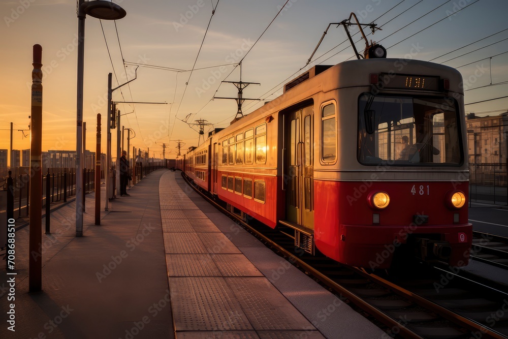 A vintage red tram stops at a station during a beautiful sunset, with warm light reflecting on the rails and the silhouette of a cityscape in the background