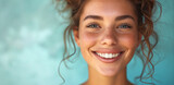 Smiling Freckled Woman. Close portrait of a joyous, youthful face with natural beauty