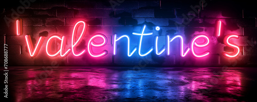 Neon sign text of Valentine's on a dark brick wall background