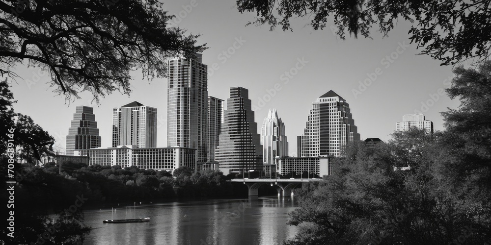 A black and white photo capturing the city skyline