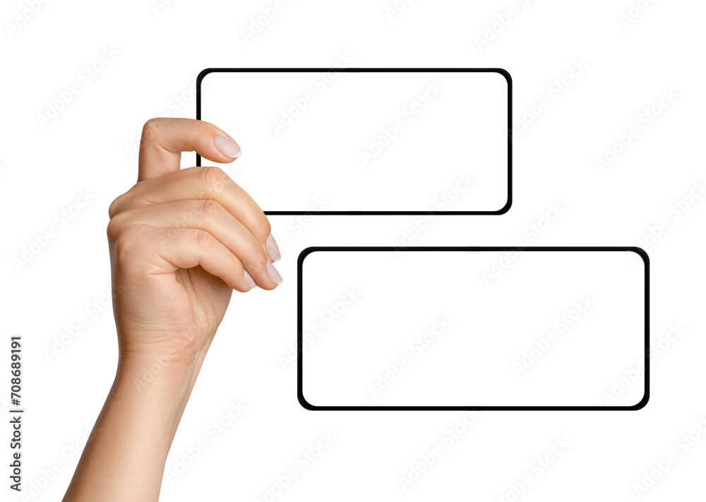 A woman's hand holds the phone horizontally. On an empty background. A woman's hand holds the phone horizontally. On an empty background.